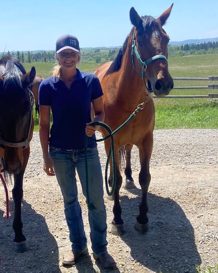 Veterinarian with a horse in an Alberta pasture
